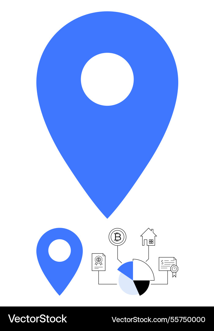 Blue map pin with business elements showing data Blue map pin with business elements showing data vector image