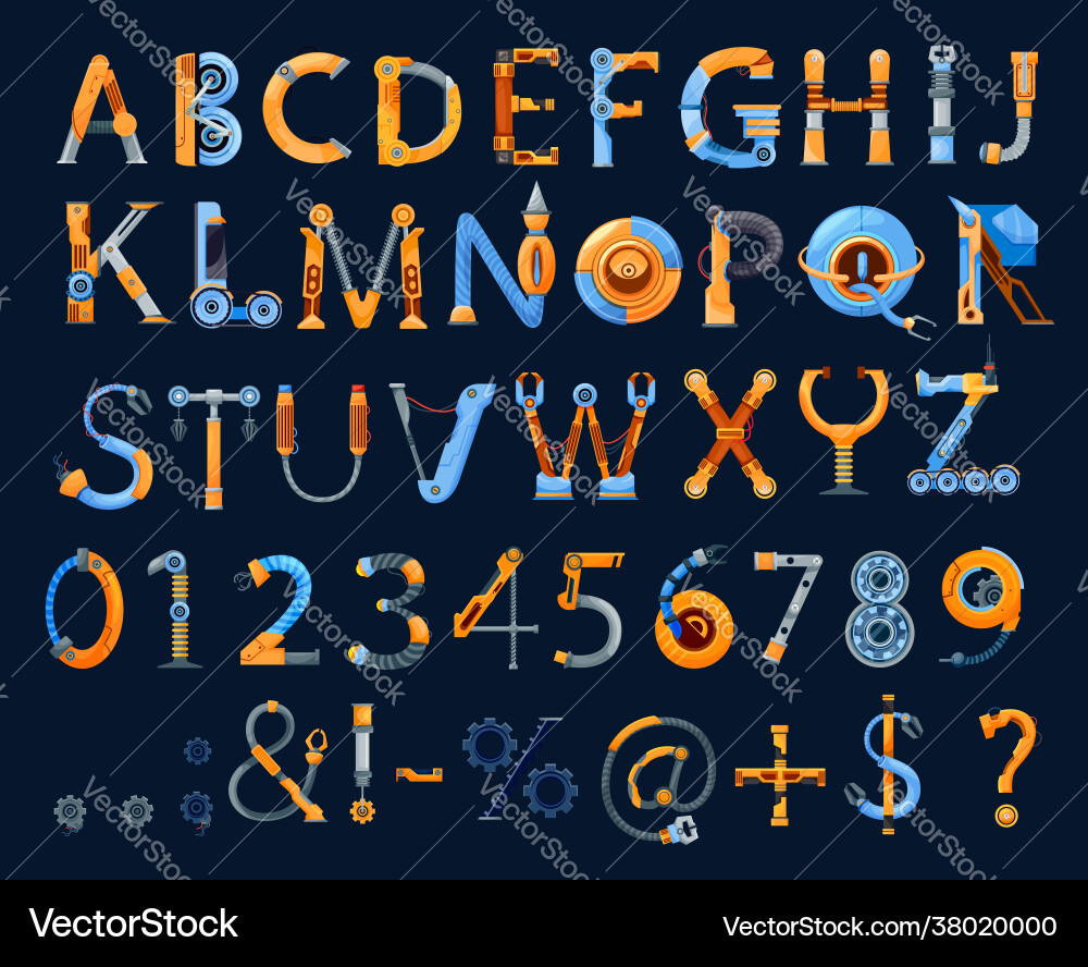Robot Alphabet Font - Gears & Circuits vector image