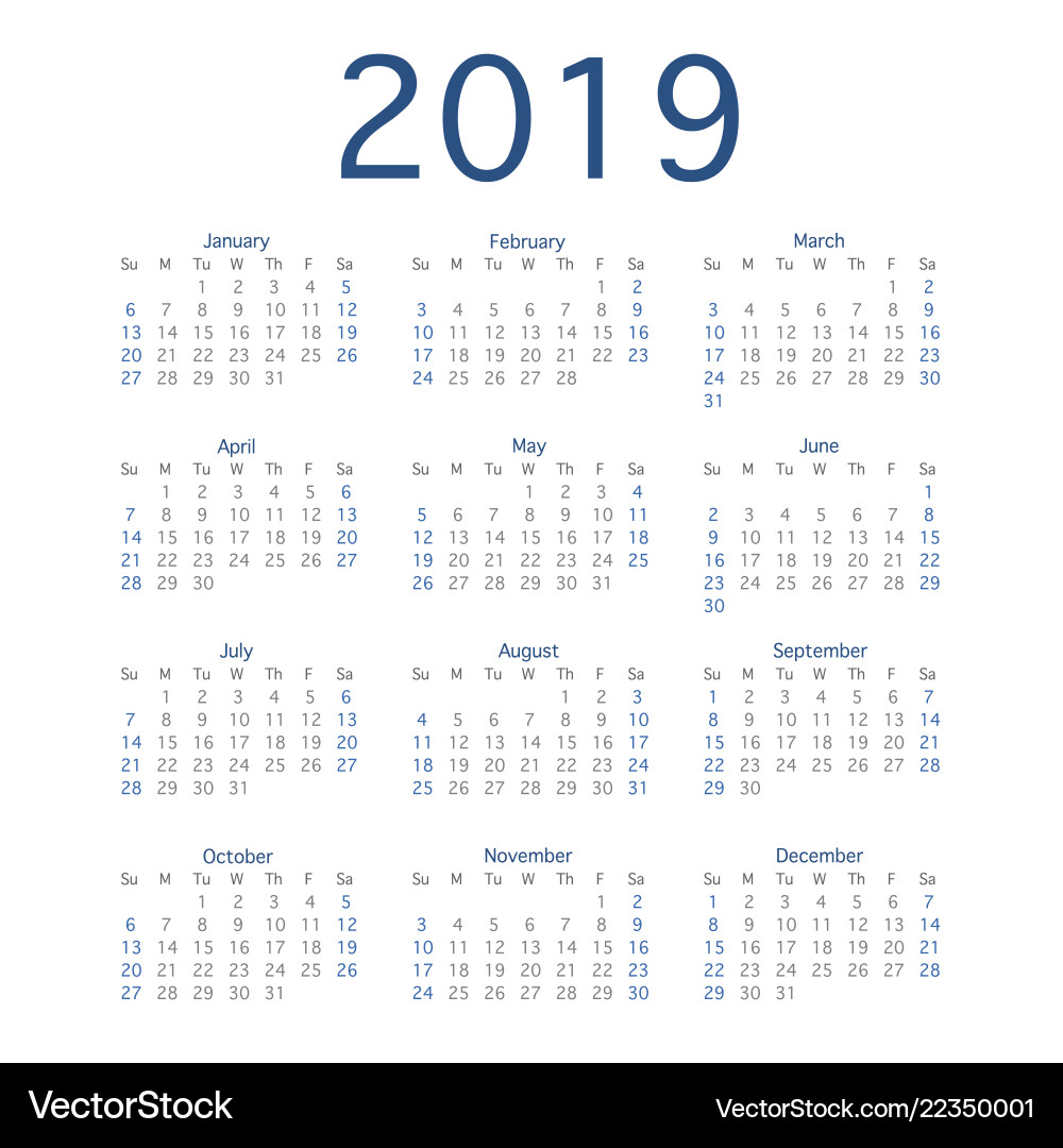 2019 Calendar - Minimalist Layout – Royalty-Free Vector | VectorStock, image size:1000x1080