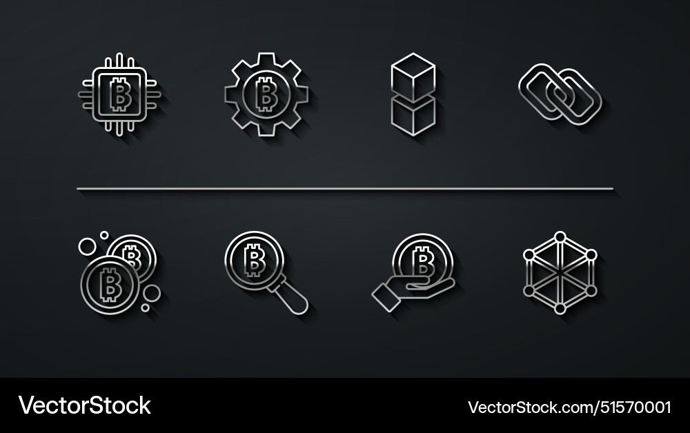 Set line cpu mining farm bitcoin chain link hand Set line cpu mining farm bitcoin chain link hand vector image