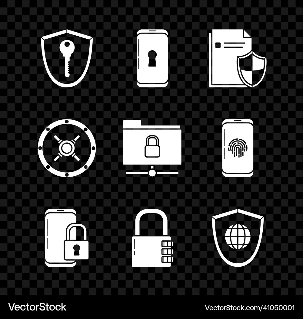 Set shield with key smartphone lock document Vector Image