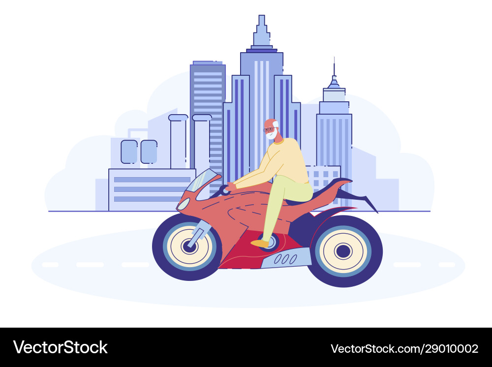 Active pensioner riding motorbike on cityscape Active pensioner riding motorbike on cityscape vector image