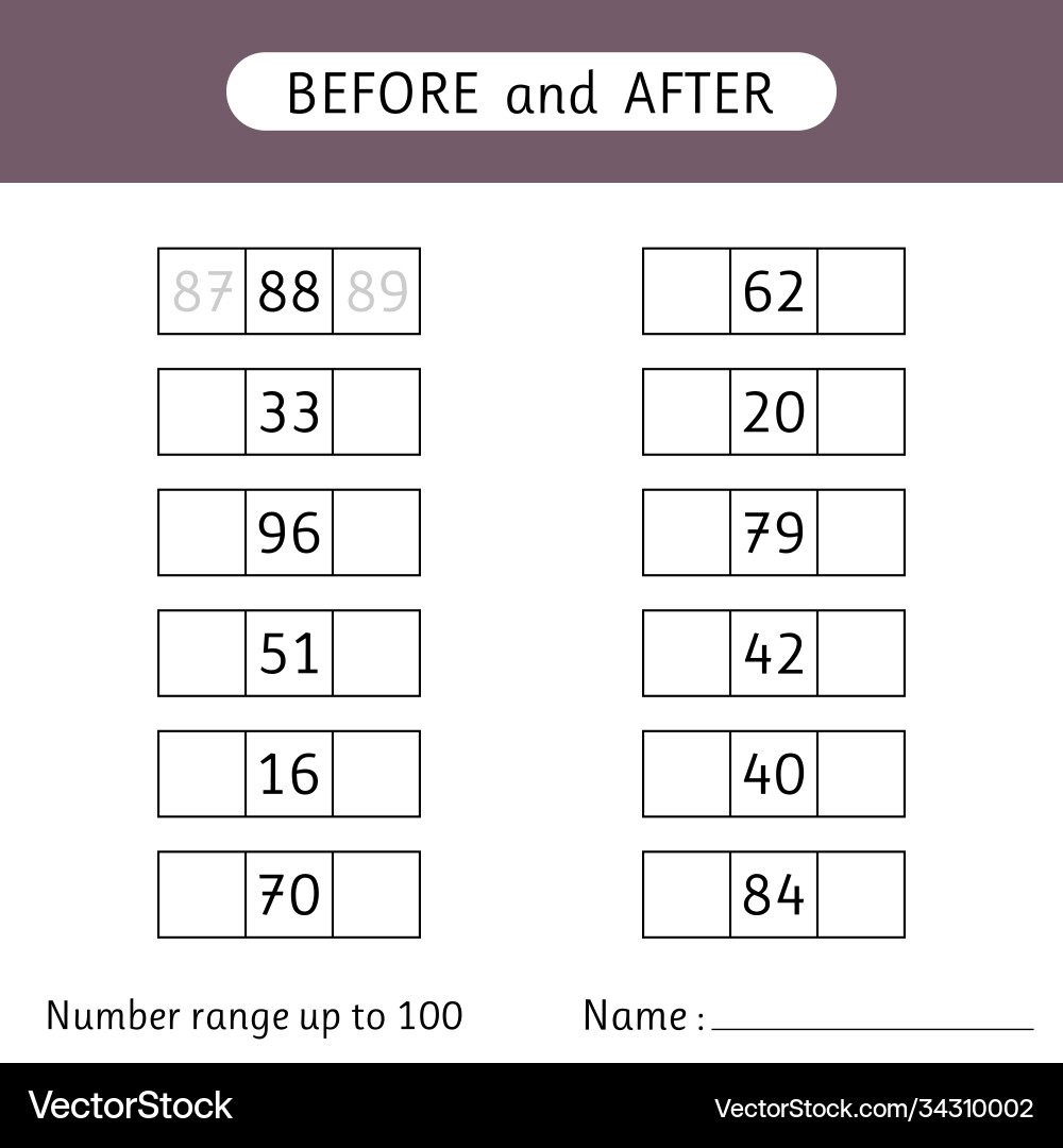 Fill in missing numbers before and after Fill in missing numbers before and after Vector Image