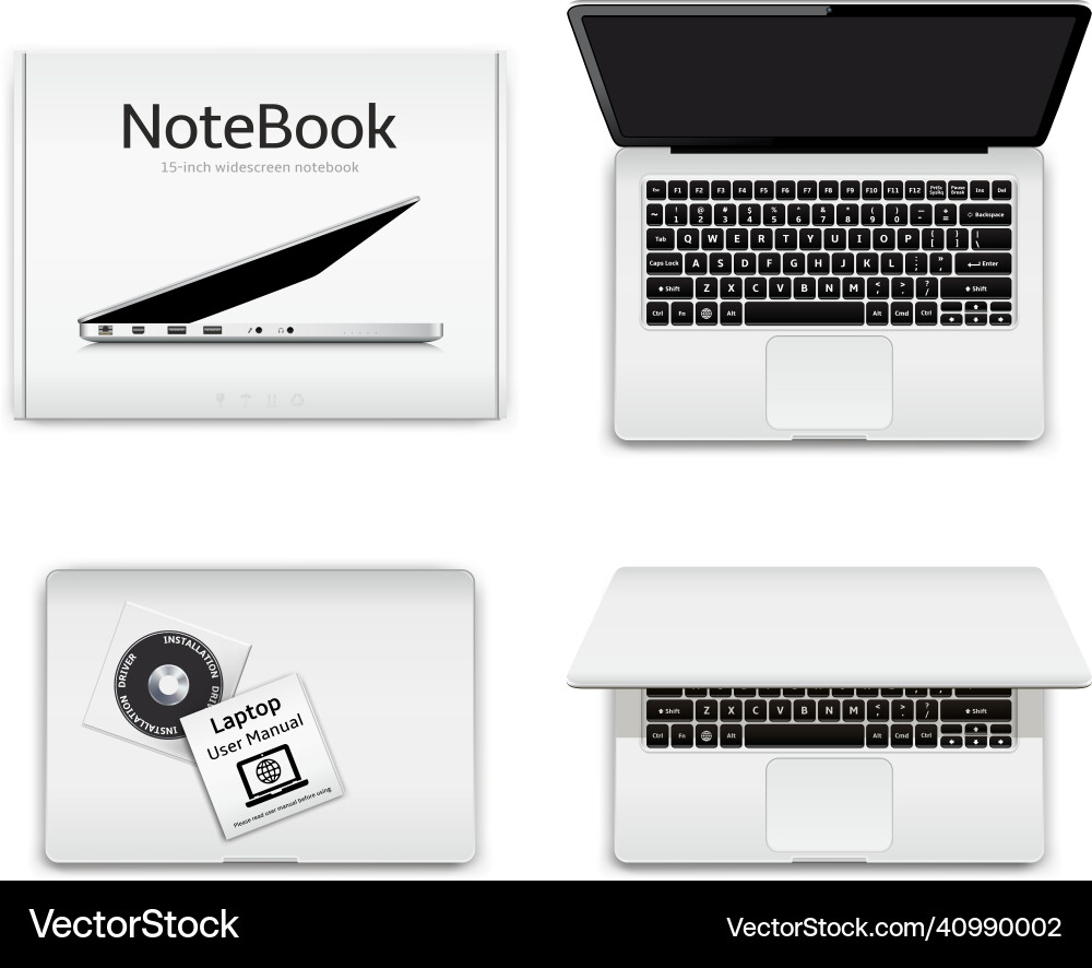New notebook computer and box with installation New notebook computer and box with installation vector image