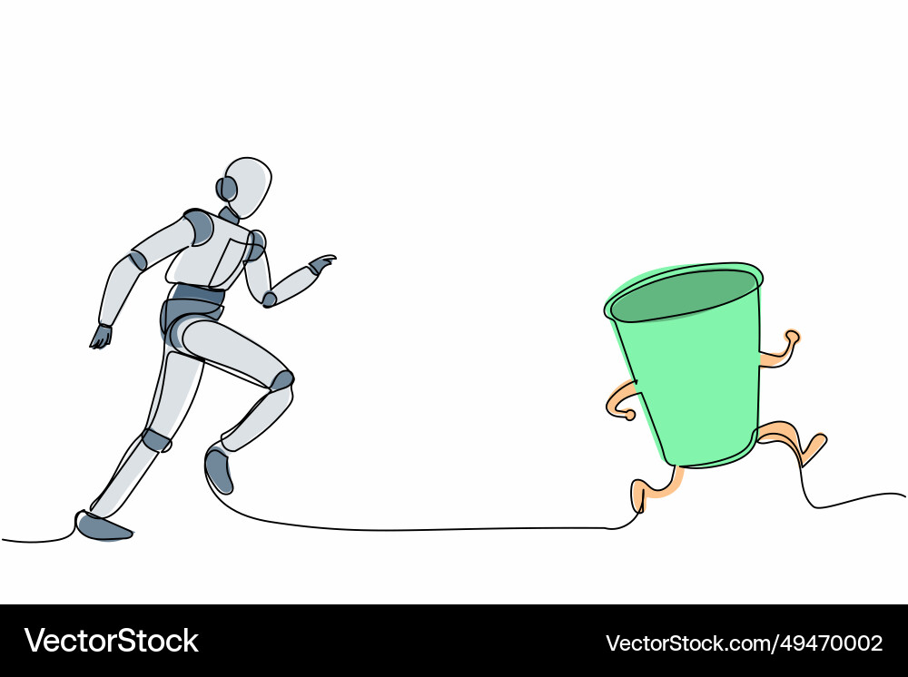 Single continuous line drawing robot run chasing vector image