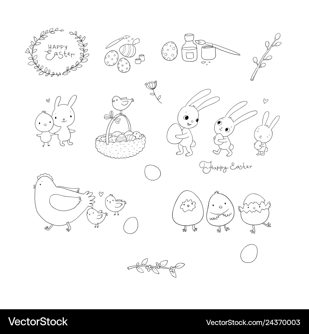 Cute Easter Bunnies and Eggs Royalty Free Vector Image