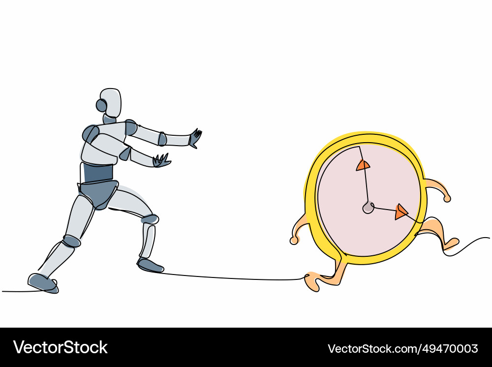 Einzelne kontinuierliche Linie Zeichnung Roboter Chase Uhr Vektorbild
