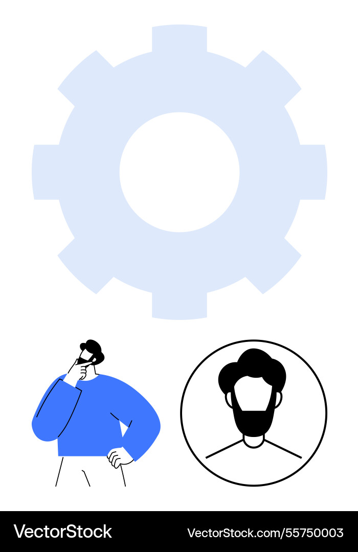 Man contemplating next steps with gear symbol Man contemplating next steps with gear symbol vector image