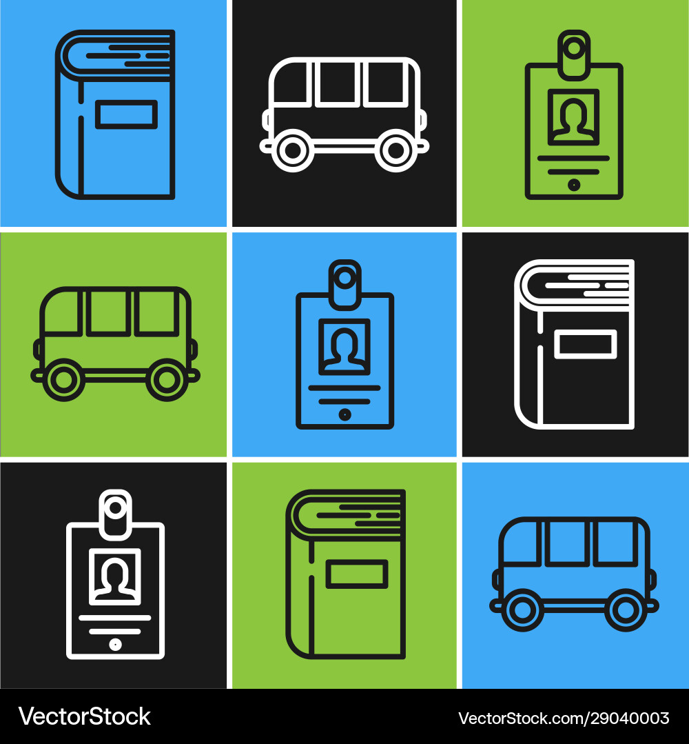 Set line book identification badge and school bus Set line book identification badge and school bus vector image