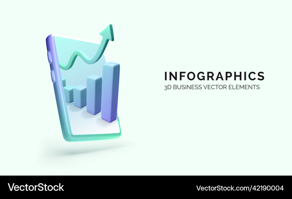 3d mobile phone with arrow up and graph manage 3d mobile phone with arrow up and graph manage vector image