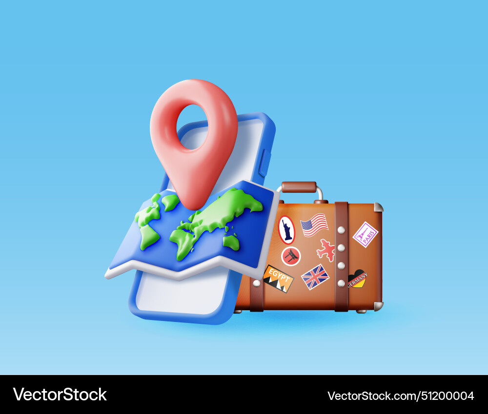 3d vintage travel bag world map and pin in phone 3d vintage travel bag world map and pin in phone vector image