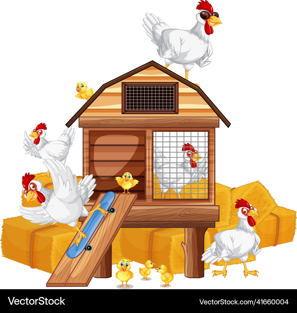 Group of chickens with chicken coop vector image