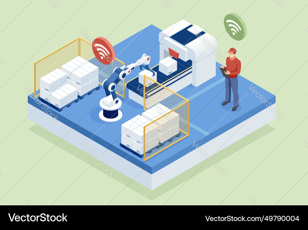 Isometric automated packaging and distribution Isometric automated packaging and distribution vector image