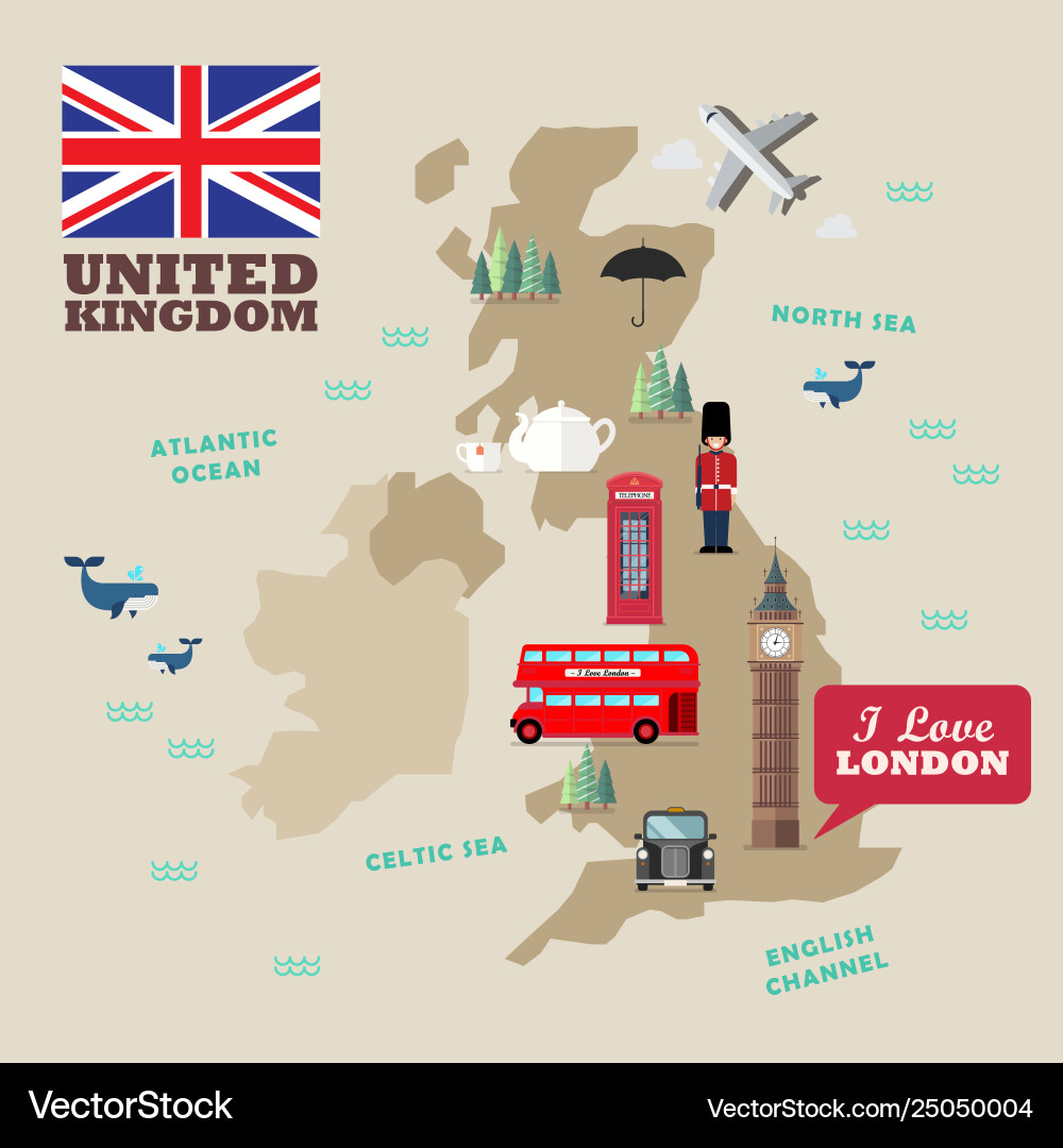 United kingdom national symbols with map United kingdom national symbols with map vector image
