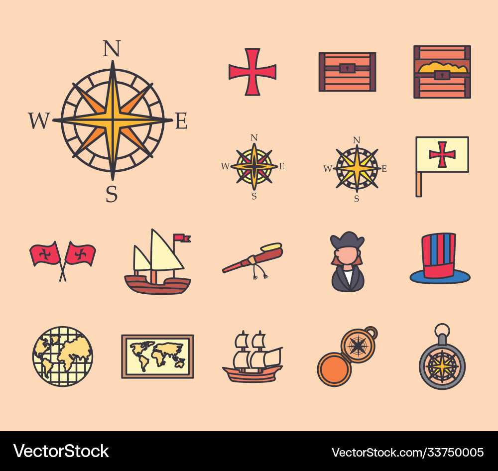 Christopher columbus man line and fill style set vector image