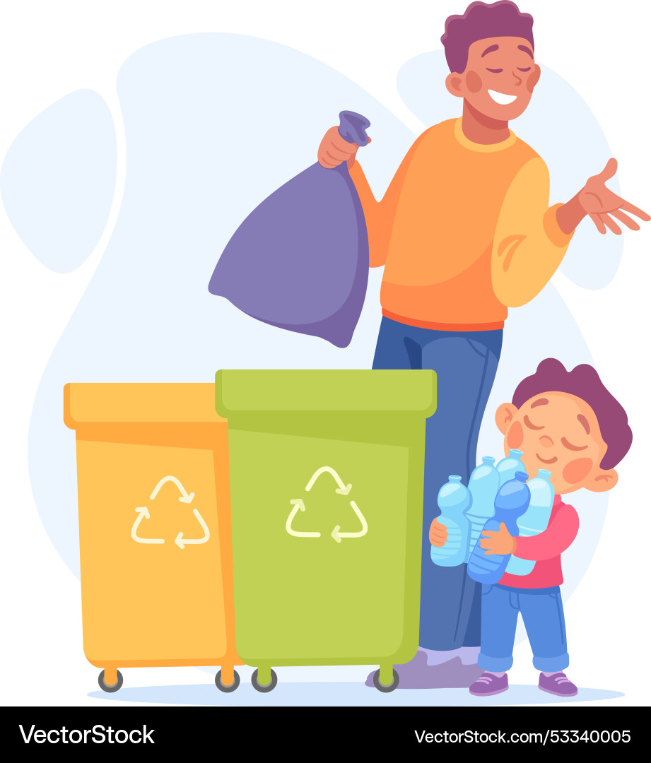 Man parent with son throw garbage in dustbin Man parent with son throw garbage in dustbin vector image