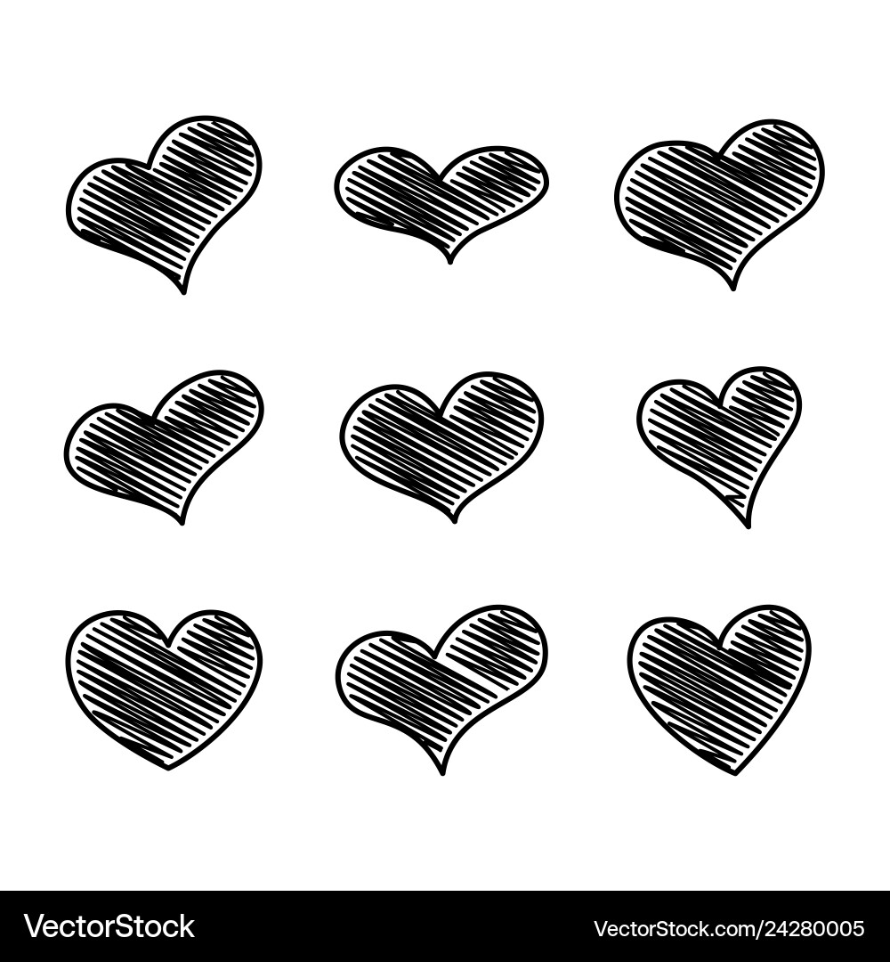 Set of nine black scribble hearts Set of nine black scribble hearts vector image