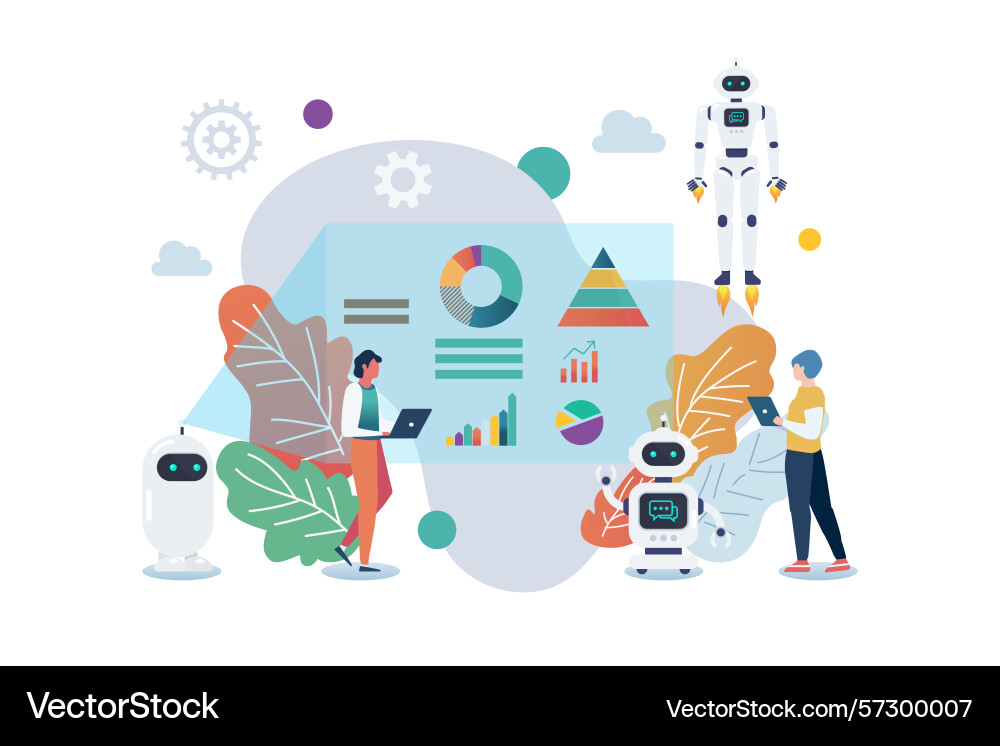 Android robots meeting with chart on slide vector image