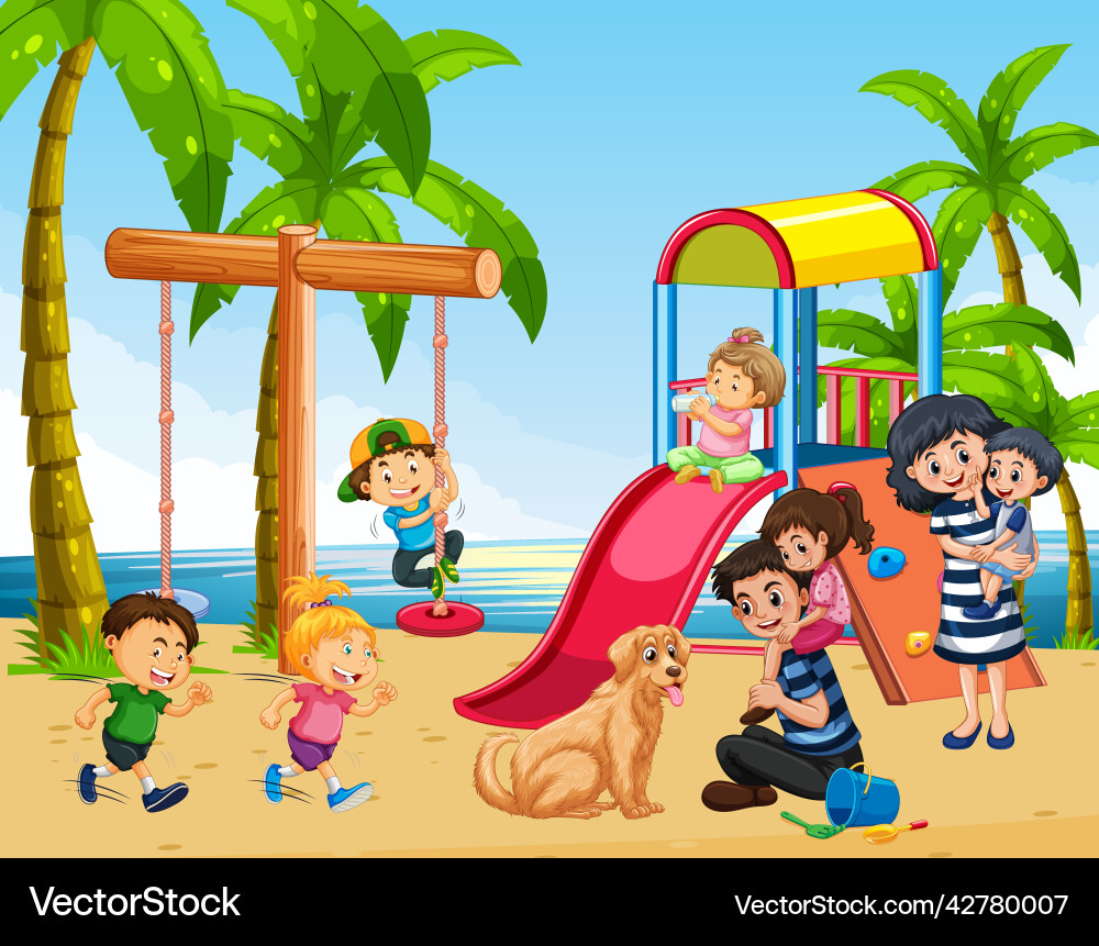 Beach playground with happy children Beach playground with happy children vector image
