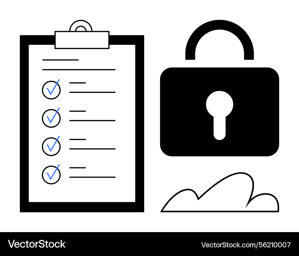 Checkliste mit Vorhängeschloss zur Datensicherheit Checkliste mit Vorhängeschloss zur Datensicherheit Vektorbild