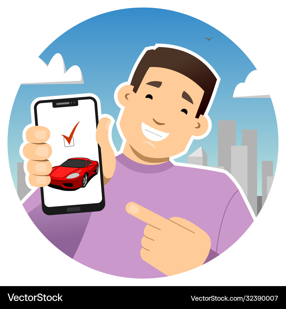 Smiling guy with a phone shows screen Smiling guy with a phone shows screen vector image