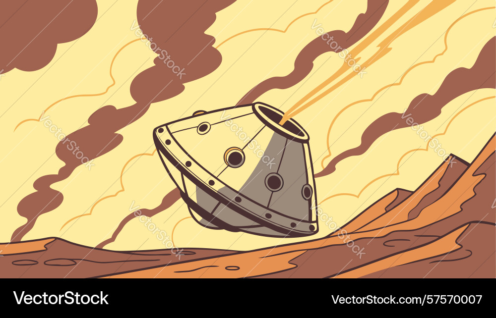 Spaceship crashing into a desolate red planet vector image
