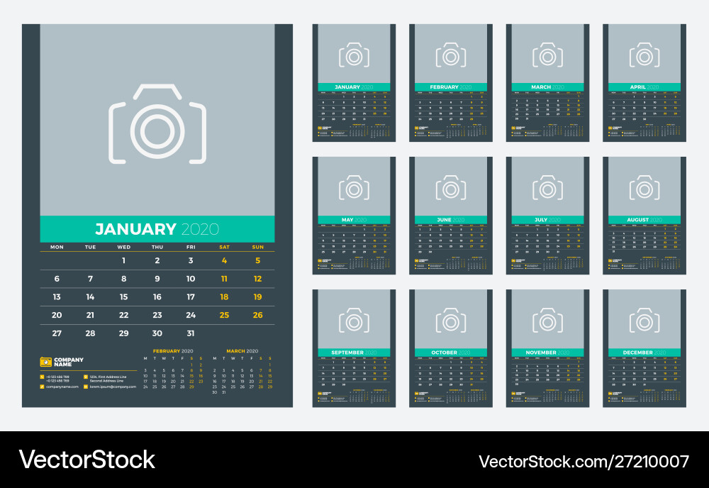 Wandkalender Vorlage für 2020 Jahr Woche beginnt Wandkalender Vorlage für 2020 Jahr Woche beginnt vektorbild