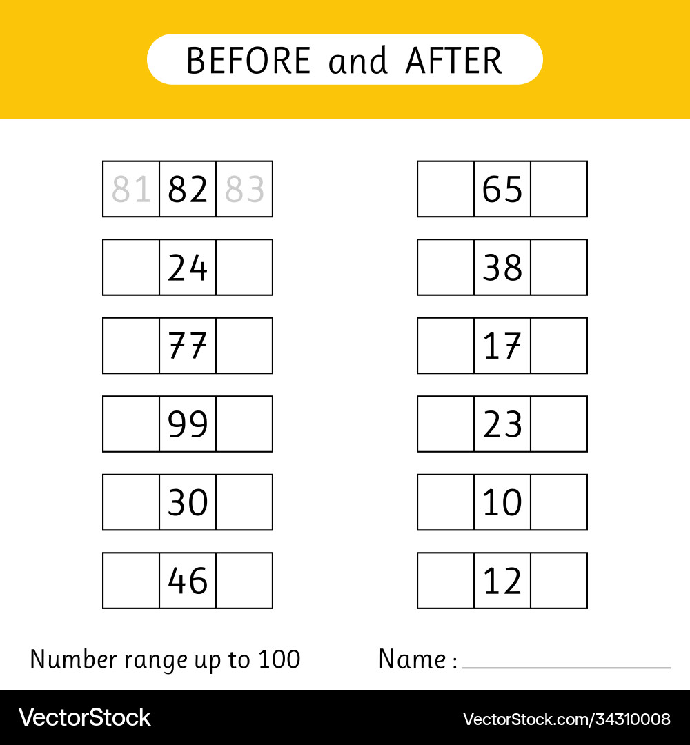 Fill in missing numbers before and after Fill in missing numbers before and after Vector Image