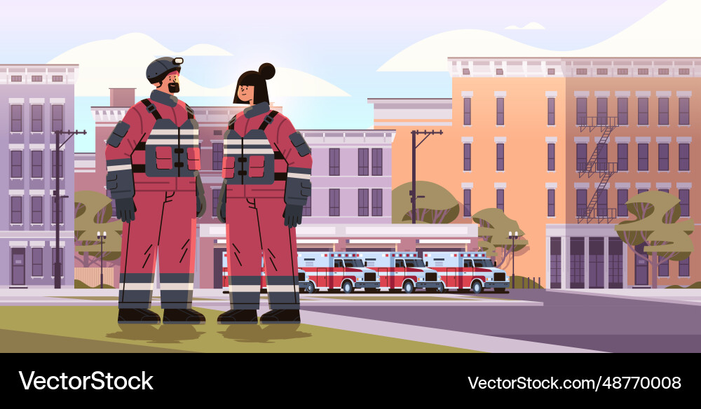 Firefighters in uniform standing near fire station vector image