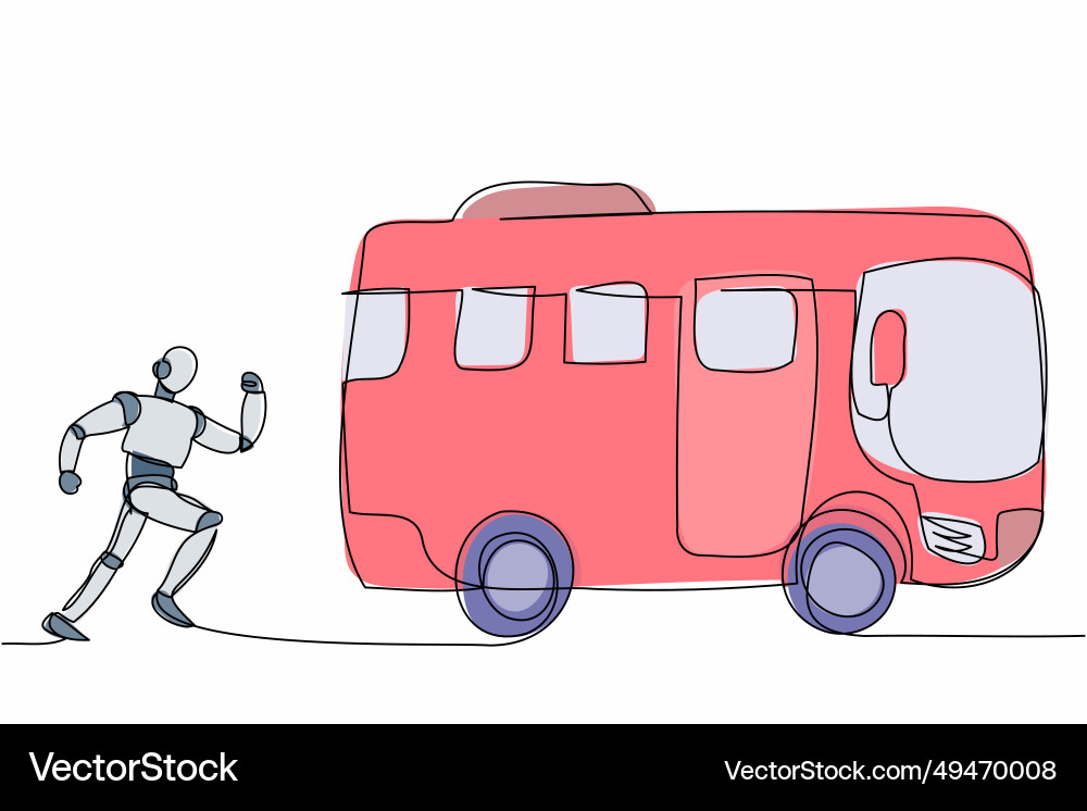 Single one line drawing robot run chasing bus Single one line drawing robot run chasing bus vector image