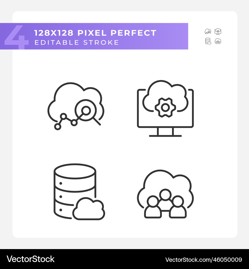 Cloud based service pixel perfect linear icons set Cloud based service pixel perfect linear icons set vector image