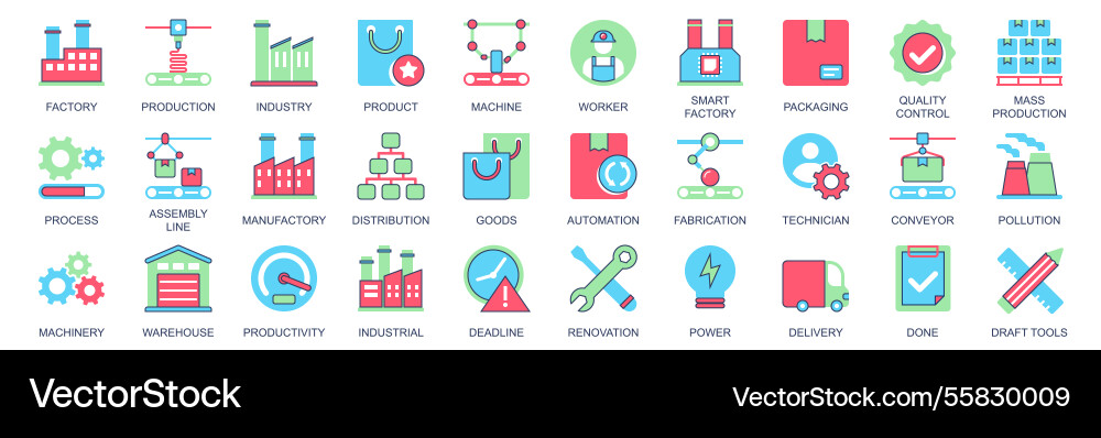 Factory icon set in flat color icons web design Factory icon set in flat color icons web design vector image