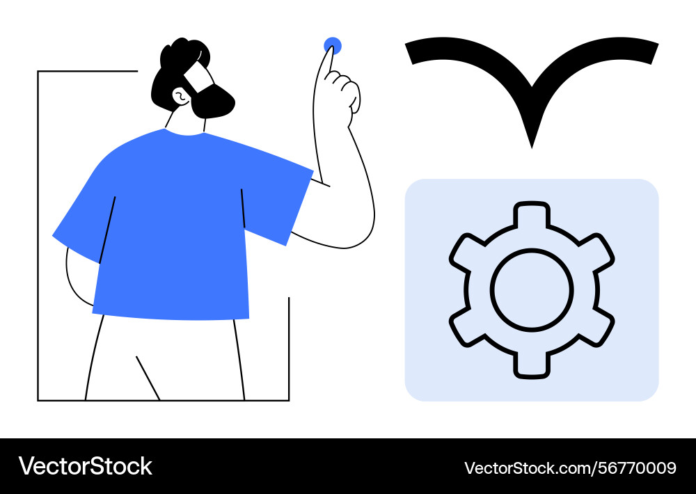 Man pointing at a blue button with gear and bird Vector Image