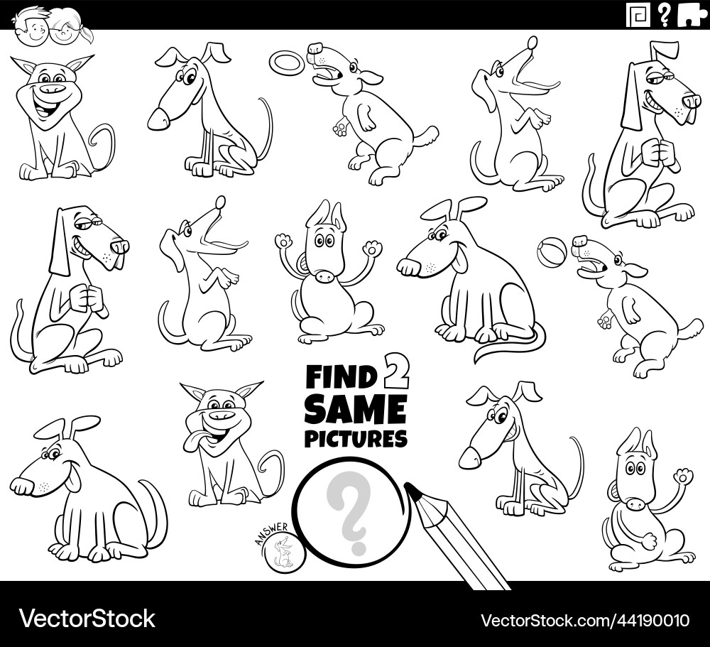 Find two same dog characters game coloring page Vector Image