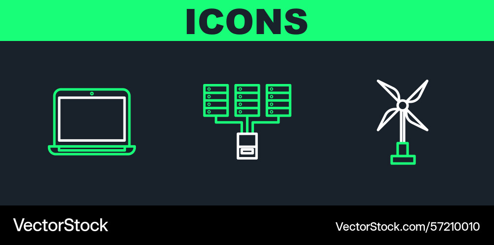 Set line wind turbine laptop and server data web vector image