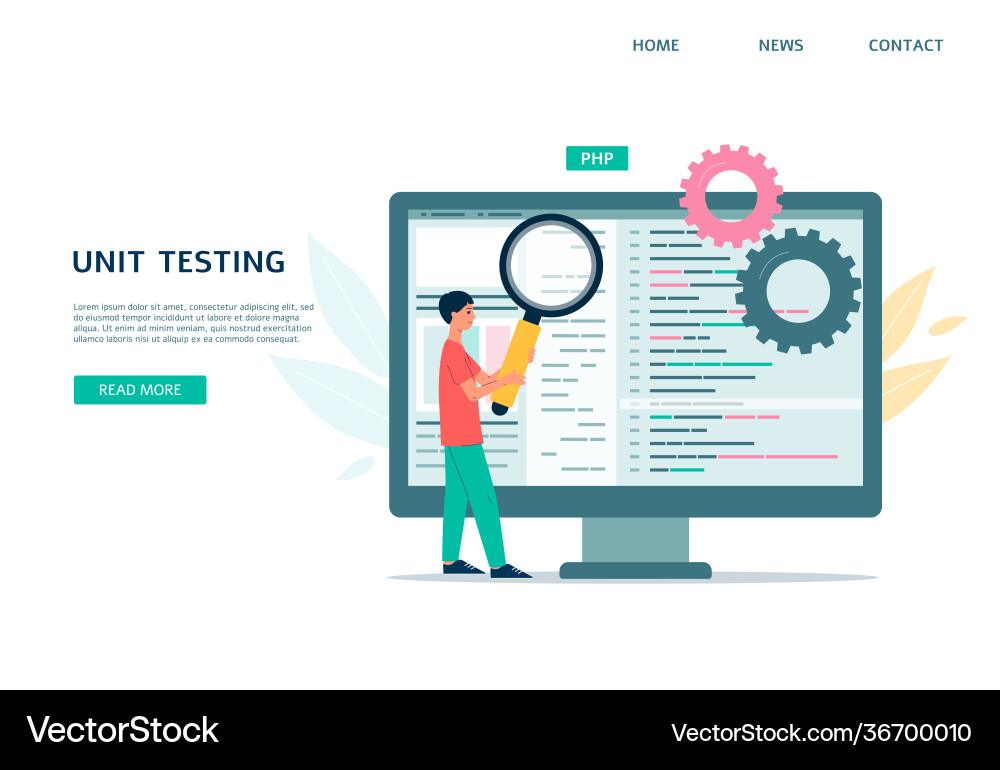 Unit testing web page design with tiny man Unit testing web page design with tiny man Vector Image