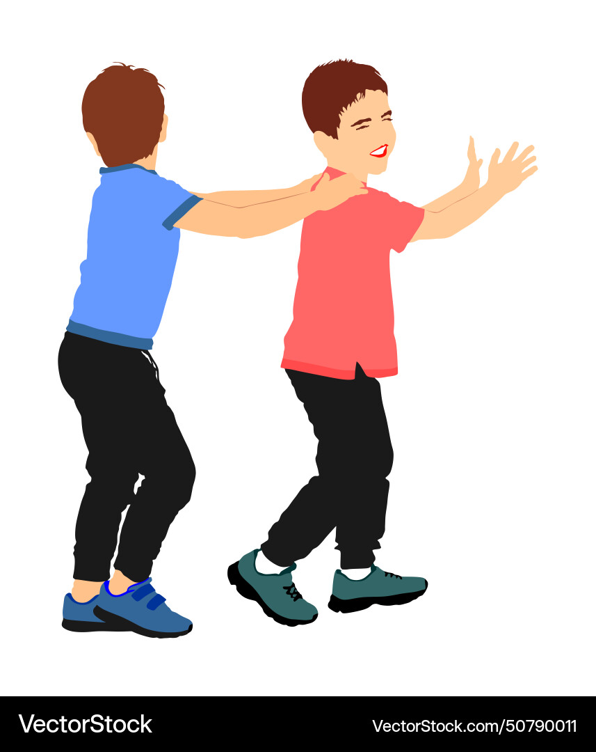 Boys plays fun train game by holding shoulder Boys plays fun train game by holding shoulder vector image