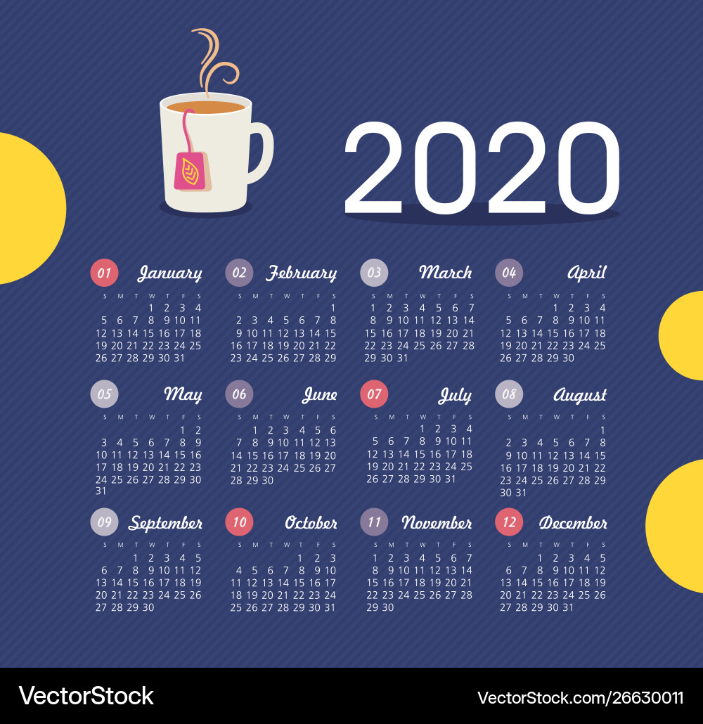 Calendar 2020 year week starts from sunday vector image