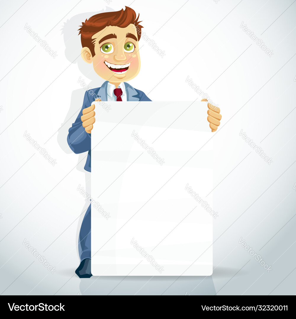 Cute businessman hold big blank banner Cute businessman hold big blank banner vector image