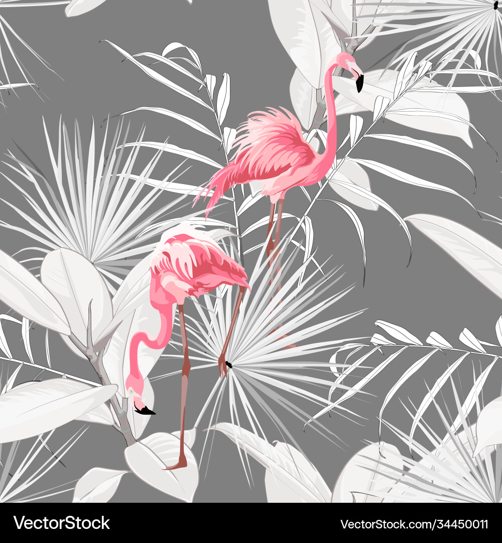 Pink flamingo graphic palm leaves seamless Pink flamingo graphic palm leaves seamless vector image