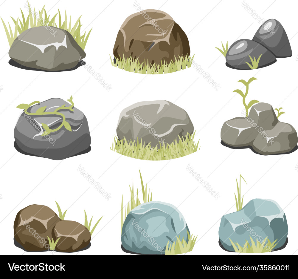 Rocks with grass stones and green on white