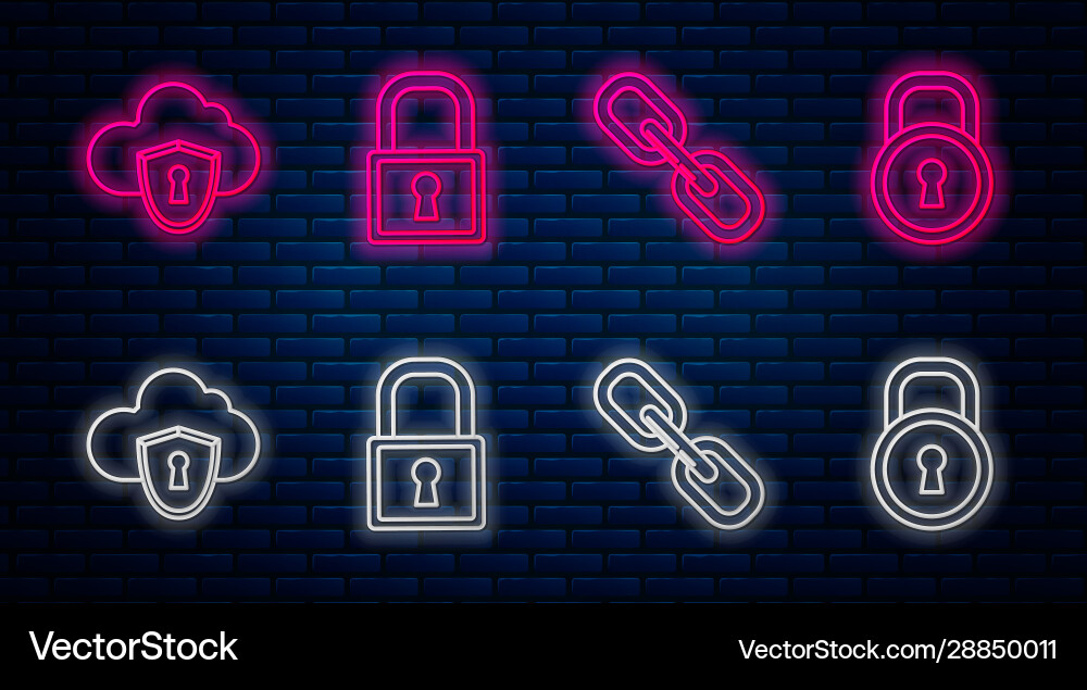 Set line lock chain link cloud and shield Set line lock chain link cloud and shield vector image