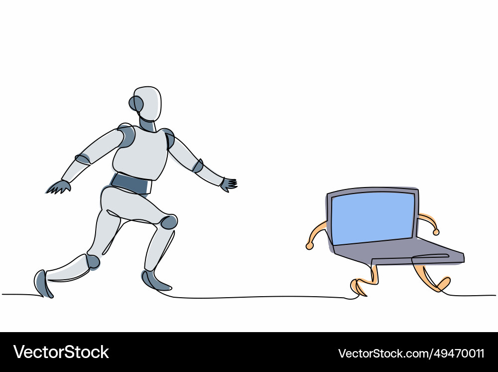Single continuous line drawing robot chasing Single continuous line drawing robot chasing vector image