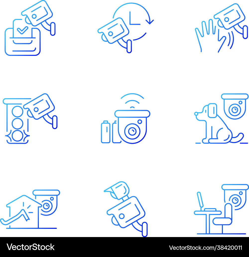 Surveillance camera usage gradient linear icons Surveillance camera usage gradient linear icons vector image