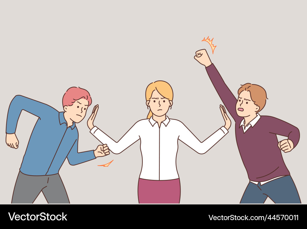 Woman stop aggressive men before fight Royalty Free Vector