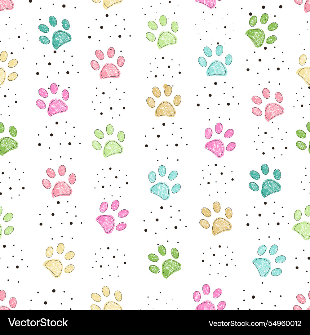 Colorful paw prints with dots seamless pattern Colorful paw prints with dots seamless pattern Vector Image