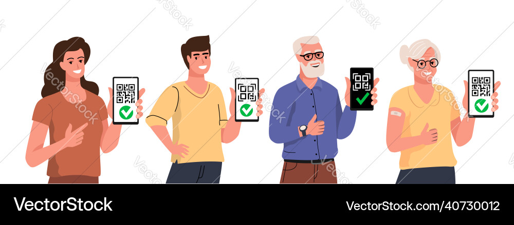 Mann und Frau mit Smartphone qr Code Mann und Frau mit Smartphone qr Code vektorbild