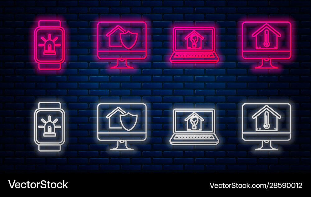 Set line computer monitor with house under vector image