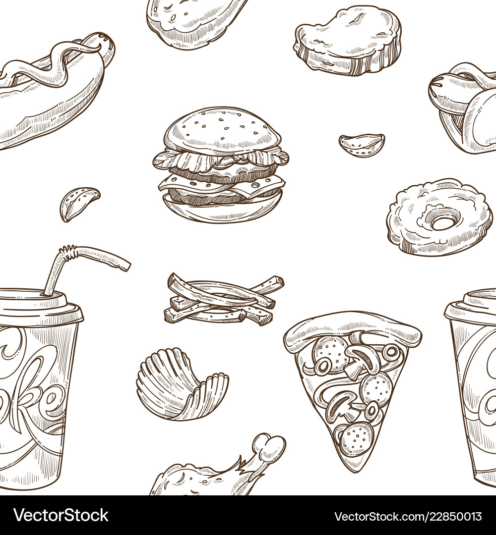 Fast food sketch pattern background Fast food sketch pattern background vector image