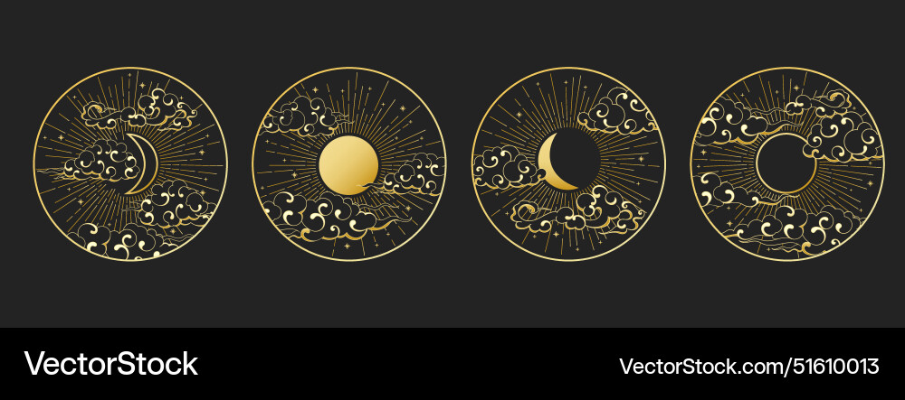 Golden sun moon cloud sky set Golden sun moon cloud sky set vector image